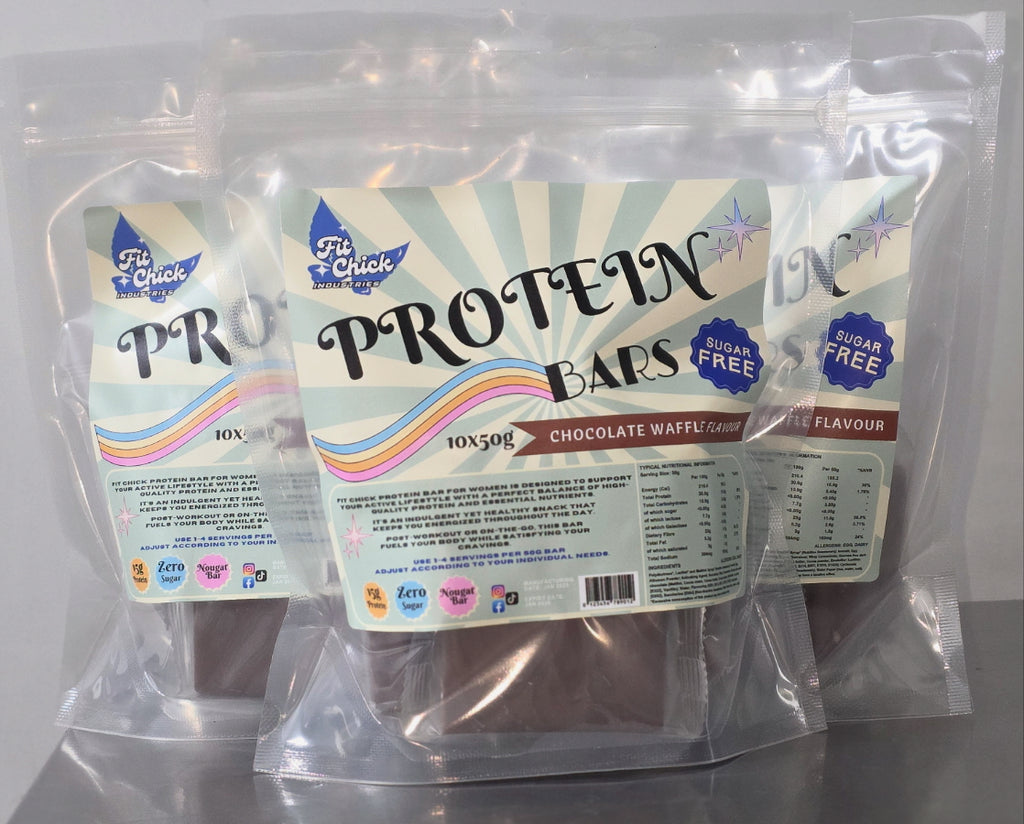 Protein bars packaging with visible branding and product details.