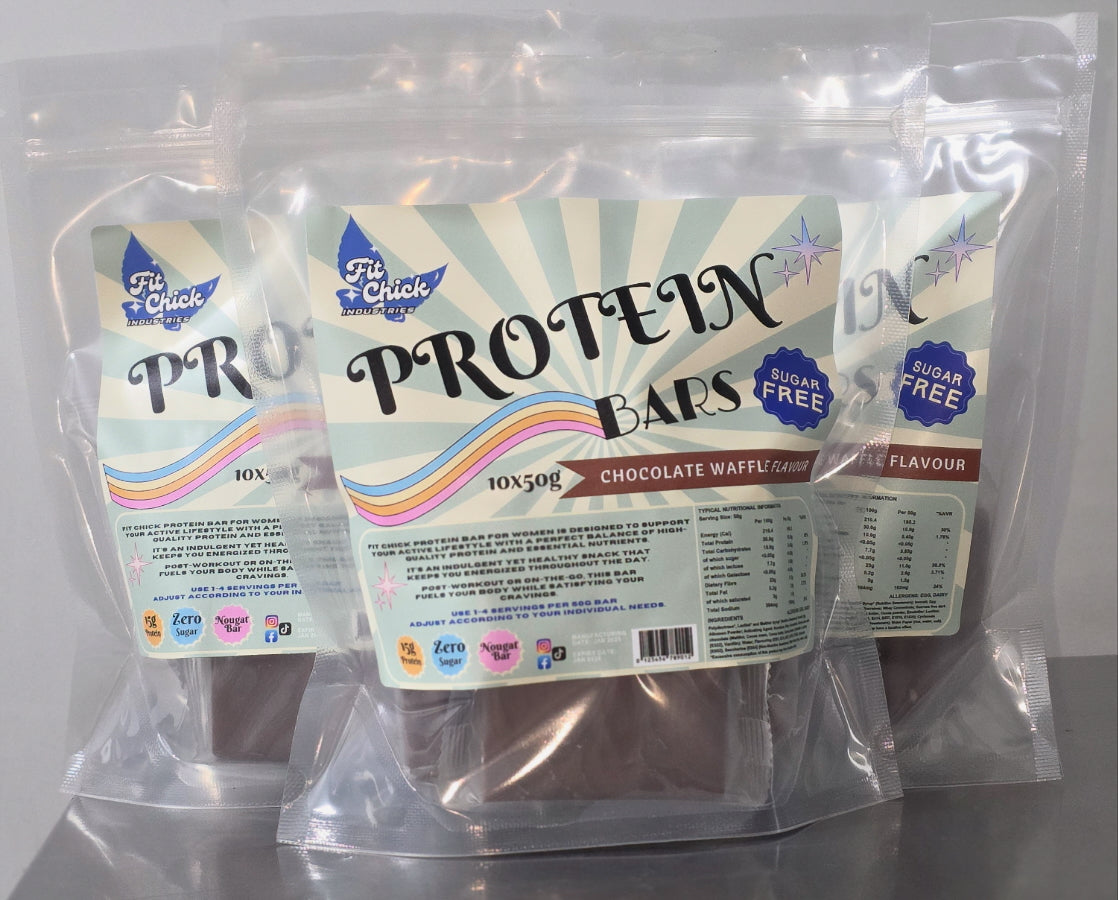 Protein bars packaging with visible branding and product details.