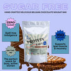 Protein bar packaging with text highlighting sugar-free, protein content, and health benefits on a blue background.