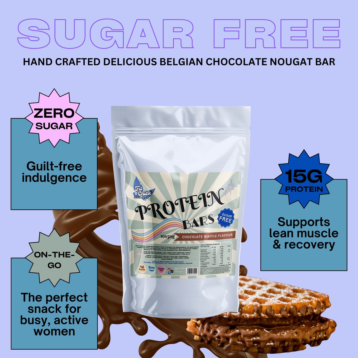 Protein bar packaging with text highlighting sugar-free, protein content, and health benefits on a blue background.