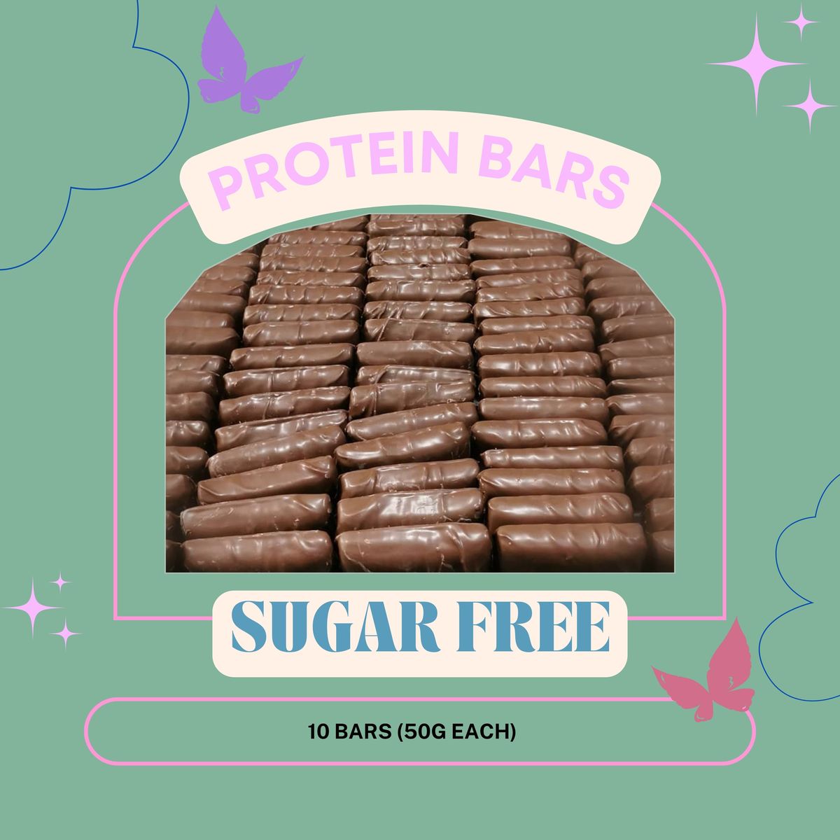Protein bars with a sugar-free label on a green background